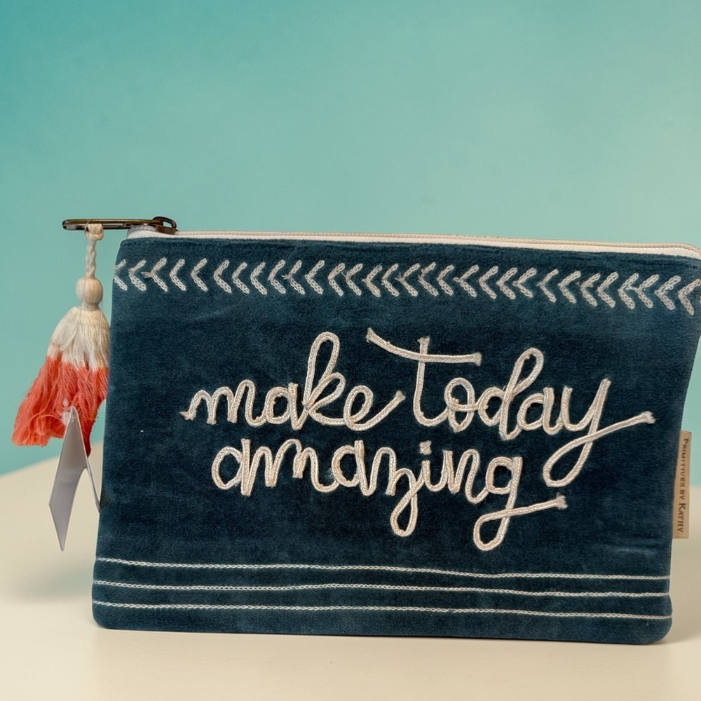 Primitives By Kathy "Make Today Amazing" Makeup Pouch Teal Velvet 10x7 NWT